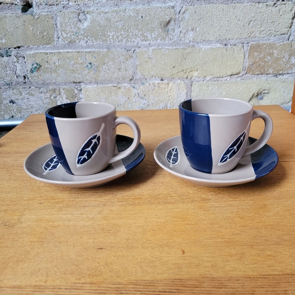 Handmade Ceramic Leaf Expresso Mugs with Saucers Set of 2 - Picture 2 of 6